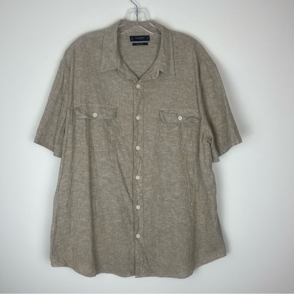 LUCKY BRAND Slim Fit Khaki Linen Cotton Button Down Short Sleeve Shirt XL